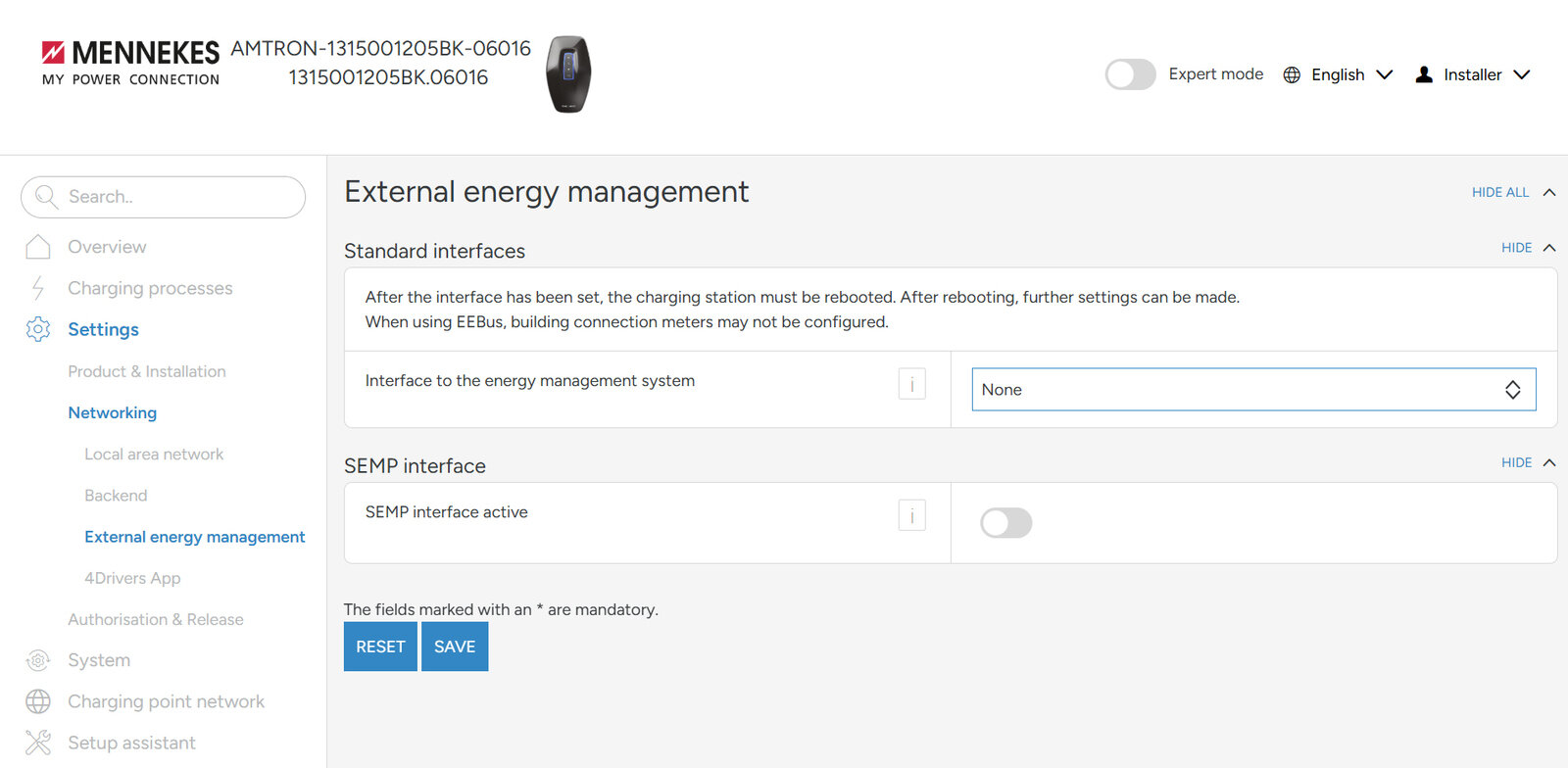 Mennekes Weboberfläche — Einstellungen — Externes Energiemanagement